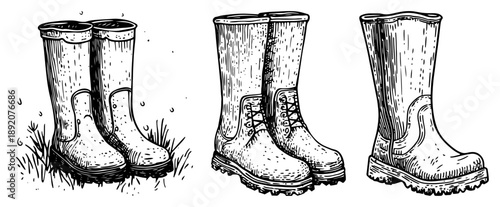Sketches of rubber rain boots and gardening shoes standing in grass