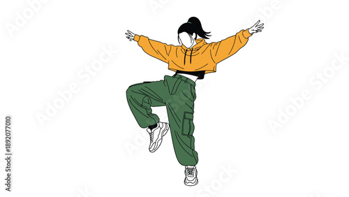 Energetic urban hip hop dancer in an orange hoodie and green pants for modern choreography workshop and youth culture apparel industry business branding resources.