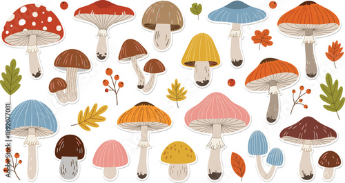 Mushroom sticker collection set with various autumn fungi toadstools forest leaves and red berries in flat vector illustration for nature decor