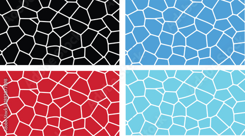 Abstract geometric voronoi mosaic pattern background set in black blue red and cyan colors with white organic polygonal lines for modern vector design