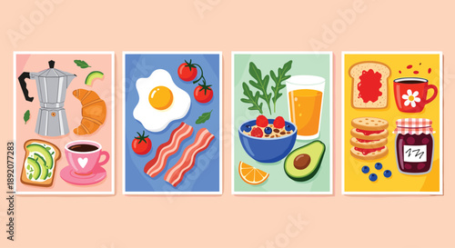 Breakfast food poster set with coffee croissant eggs bacon avocado toast juice and jam in flat vector illustration for cafe menu design