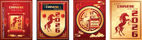Lunar New Year. 4 Template Social Media Chinese New Year 2026 Featuring Horse Shio Symbolism and Auspicious Designs