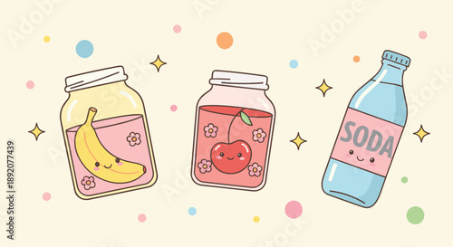 Cute drink jars and soda bottle illustration with smiling fruit characters kawaii beverage design
