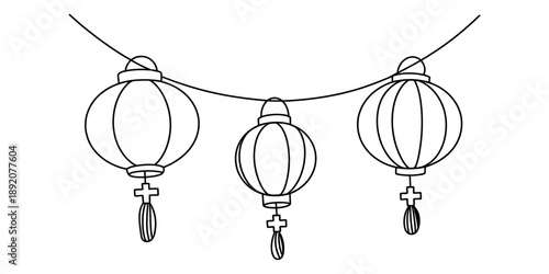 A simple black and white line art illustration of three traditional chinese lanterns hanging on a string Vector, illustration