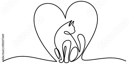 A minimalist one-line art illustration showing a cat figure sitting inside a heart outline Vector, illustration