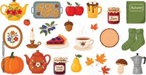 Cozy autumn harvest collection with pumpkin, berry pie, hot drinks, warm socks, maple leaves, jam and seasonal food flat vector illustration