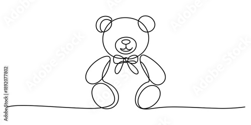 A continuous line art drawing of a classic teddy bear with a bow tie Vector, illustration