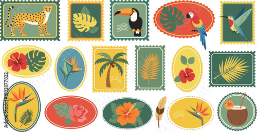 Colorful tropical postage stamp set with cheetah toucan parrot hummingbird palm leaves and exotic flowers flat vector illustration