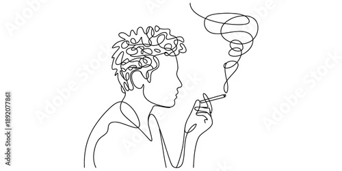 A minimalist continuous line drawing depicting the profile of a person smoking a cigarette, with swirling smoke Vector, illustration