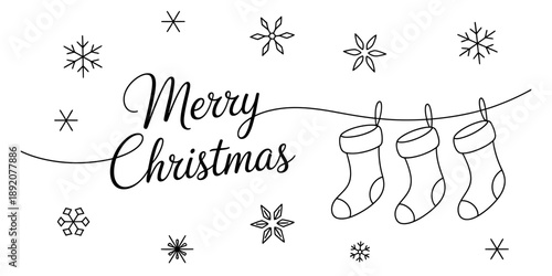 Merry christmas greeting card with hanging stockings and snowflakes in line art style Vector, illustration