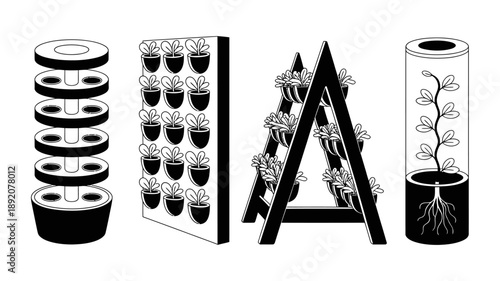 Illustrations of various indoor plant growing systems and designs