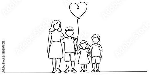 Continuous line drawing of a mother and her three children holding hands with a heart balloon Vector, illustration