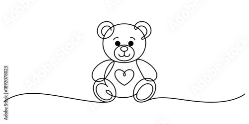 A continuous line art drawing of a cute sitting teddy bear with a heart on its chest Vector, illustration