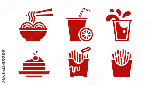 Set of Food Icons Including Noodles Cake and Fries