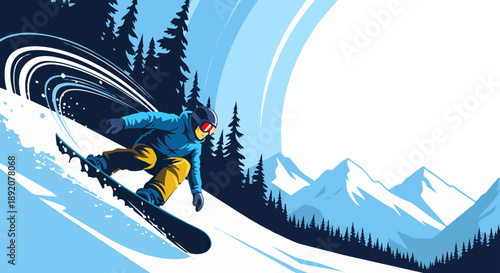 Fast downhill snowboard ride with flowing motion lines and stylized winter forest background, clean modern vector illustration with copy space for winter sports advertising and active lifestyle