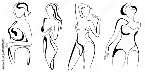 Minimalist black and white continuous line art set featuring diverse female body forms and poses Vector, illustration