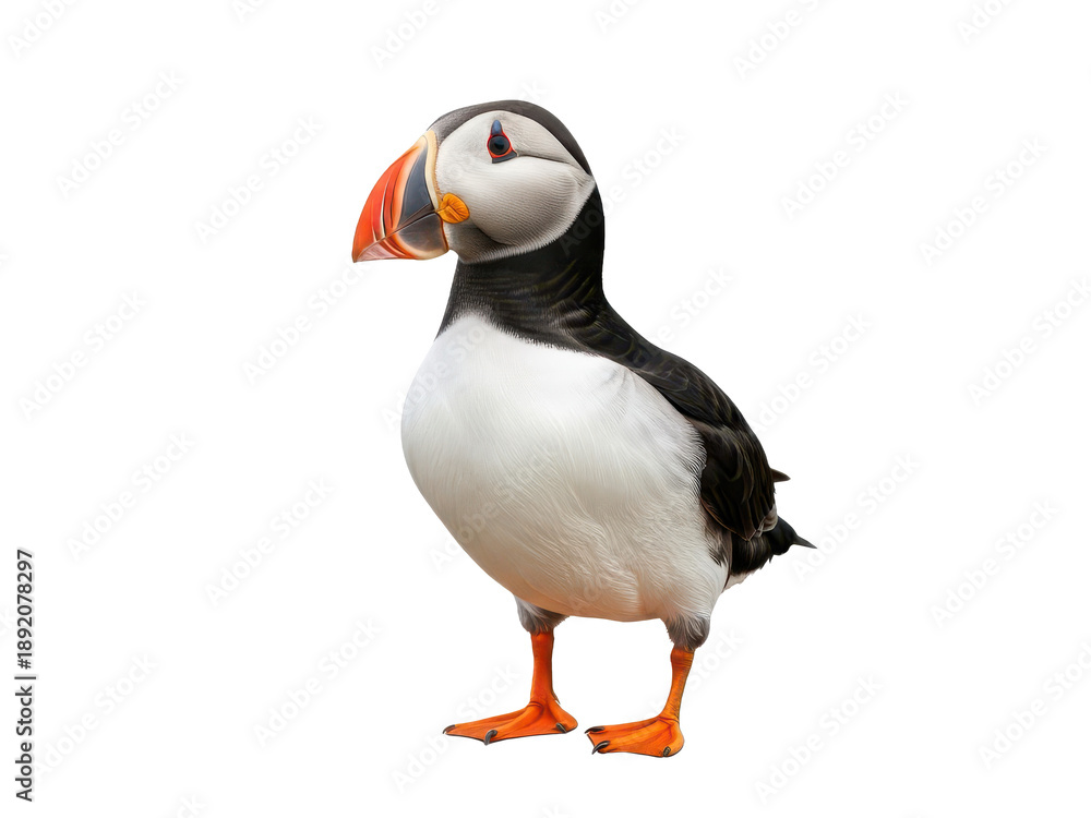 Naklejka premium A puffin standing on a plain surface looking to the side isolated on transparent background