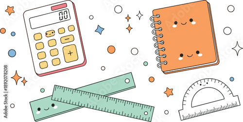 Cute school supplies illustration with calculator notebook rulers and protractor kawaii education design