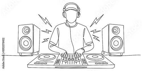 Continuous line drawing of a disc jockey operating a mixer with headphones and speakers Vector, illustration
