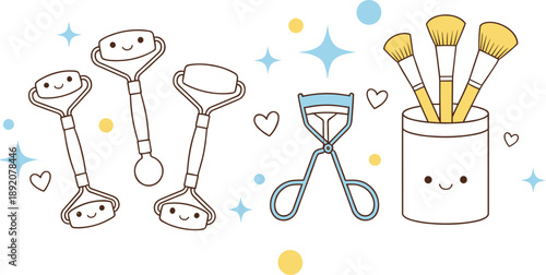 Cute skincare and makeup tools illustration with face rollers eyelash curler and brushes kawaii style