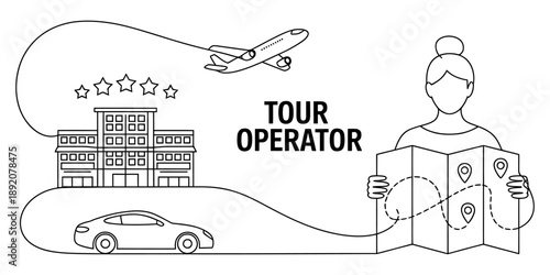 Conceptual illustration of a comprehensive tour operator service and travel planning Vector, illustration