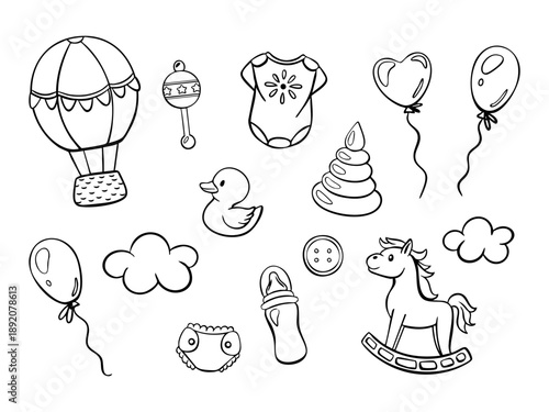 set of baby toy doodles nursery icons, playful monochrome line art showcasing hot air balloon, rattle