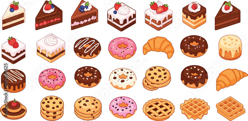 Delicious bakery and dessert vector illustration set with cake slices donuts cookies croissants waffles and pies for pastry shop menu and cafe design