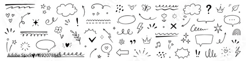 Cute line sketch star, arrow, heart decoration element icon set. Hand drawn sketch doodle cute star, emphasis, flower element. Pen line text decoration shapes. Hand drawn vector illustration