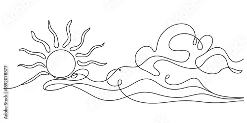 Continuous line art drawing of a sun rising above a wavy horizon and a cloud Vector, illustration