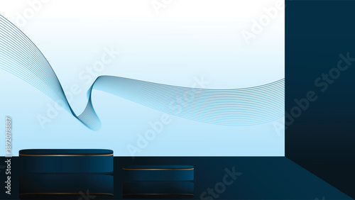 Blue stage and podium background vector design. Luxury blue background with stage and line decoration. Suit for banner, backdrop, product template, and others