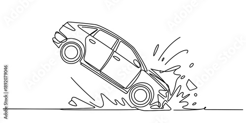 Single continuous line drawing depicting a dramatic car crash or impact on a road surface Vector, illustration