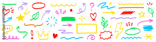 Marker line hand drawn arrow, highlight scribble set. Sketch color hand drawn marker line arrowbrush element shape graphic. Doodle scribble paint underline, circle frame icons. Vector illustration