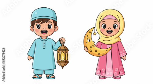 Cute cartoon Muslim children celebrating Eid or Ramadan with a lantern and crescent moon.