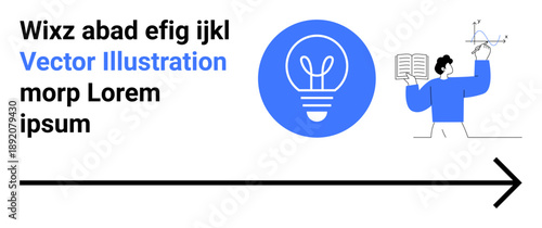 Education tools, scientific innovation, creative learning, knowledge sharing, instructional design, professional training. A light bulb symbol and a person with books. Education tools and scientific