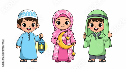 Three happy cartoon Muslim children in traditional attire, celebrating Eid or Ramadan, with a boy holding a lantern, a girl holding a crescent moon and stars, and another boy giving a thumbs-up.
