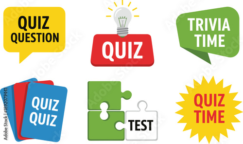 Quiz and trivia night vector icon set with lightbulb idea, speech bubbles, puzzle pieces, and contest labels for game show, educational competition.