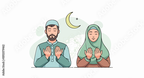 Muslim couple praying with hands raised towards the sky, featuring a crescent moon and star symbol.