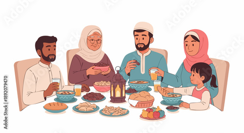 A Muslim family of five, including a child, enjoying a meal together at a table, possibly breaking fast during Iftar, with various dishes and drinks.