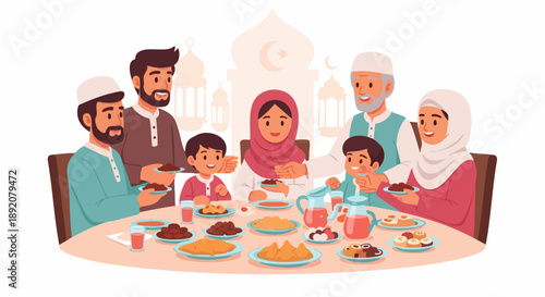 Muslim family celebrating Iftar or Eid, sharing a meal together at a table with traditional food and drinks, against a mosque silhouette background.