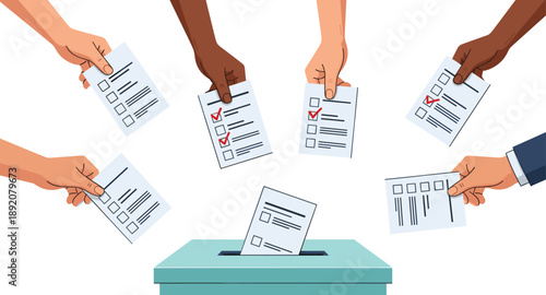 Diverse hands putting ballot papers into a voting box, election day vector illustration, democracy and social survey concept, people participating in government.