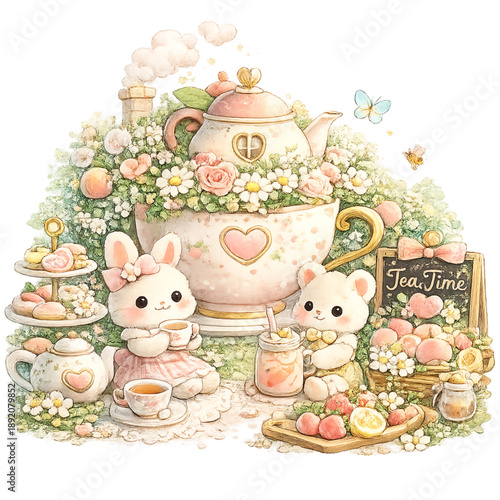 Whimsical tea time with bunny and bear