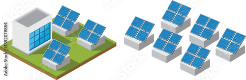 Isometric solar energy panel system vector set, renewable power station with modern building on grass platform, sustainable green technology for alternative electricity supply, icons.