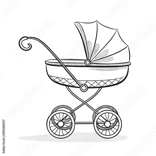 Vintage baby stroller in line art design on white background  