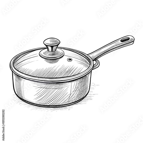 Stainless steel saucepan with lid in sketch style  