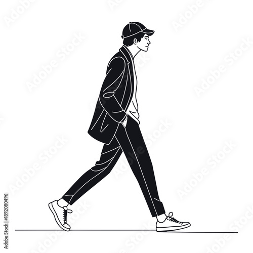 Young man walking casually in streetwear style with a cap  