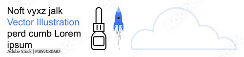 Science, technology, innovation, exploration, creativity, minimal design. Blue rocket launching with a cloud and a dropper bottle. Science and technology conceptual