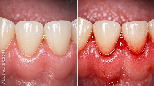 Healthy gum dental care oral hygiene concept comparison of clean pink gum and inflamed bleeding gum gingivitis inflammation plaque tartar tooth recession medical background prevention treatment