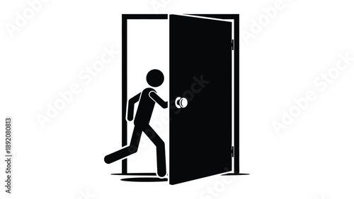 Stick figure person running quickly through an open doorway symbol illustration