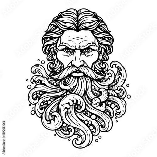 Poseidon or Neptune greek god head with beard transforming into ocean waves vector illustration