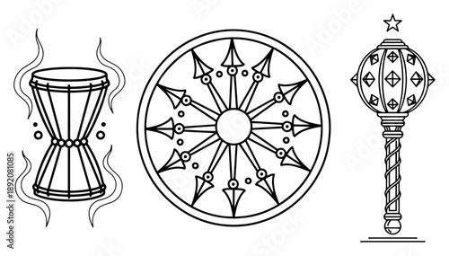 Hindu religious symbols set featuring damaru drum sudarshana chakra and gada mace